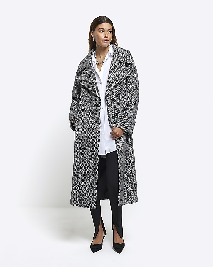 Black herringbone longline coat River Island