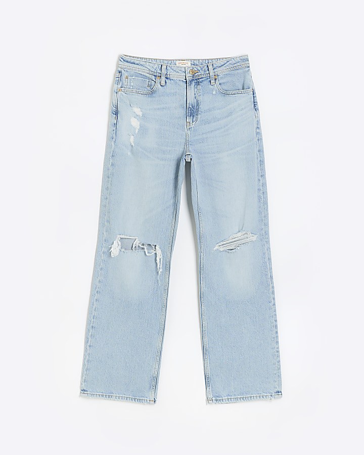 Petite blue ripped straight leg jeans