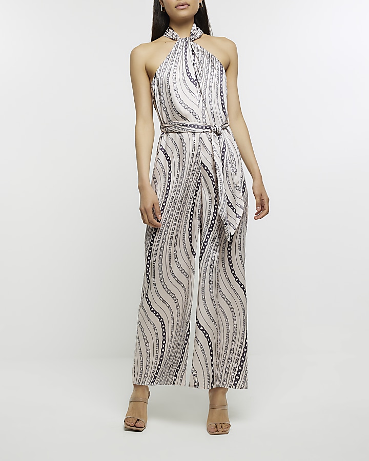 White satin chain print halter jumpsuit