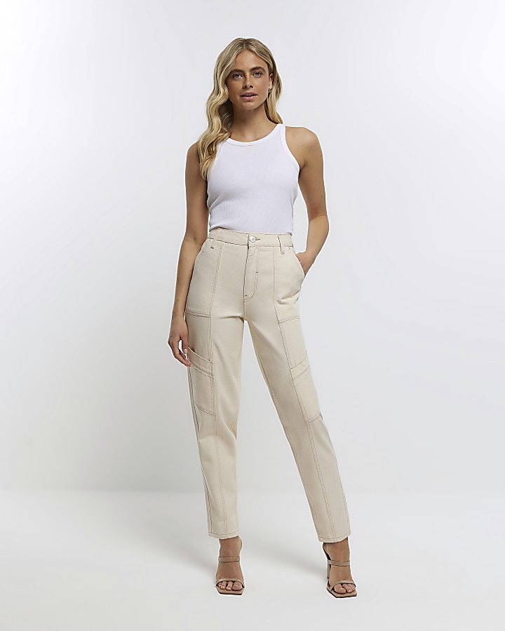 Cream high waisted tapered jeans