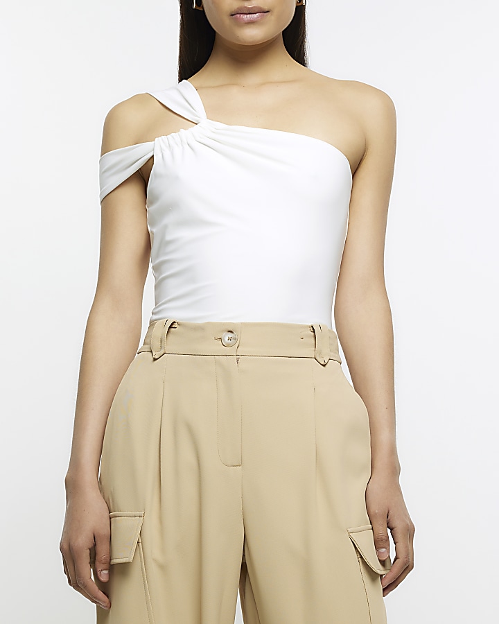 Cream asymmetrical ruched one shoulder top