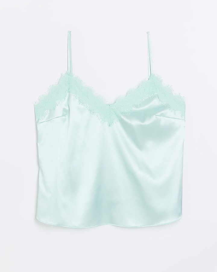 Lime green lace trim satin cami top