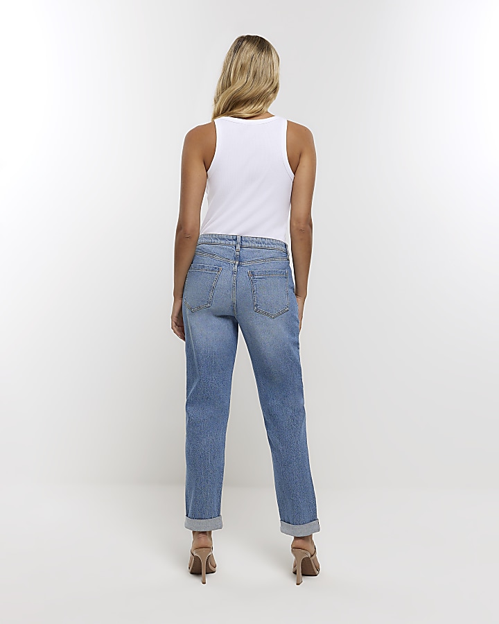 Blue mid rise relaxed straight jeans