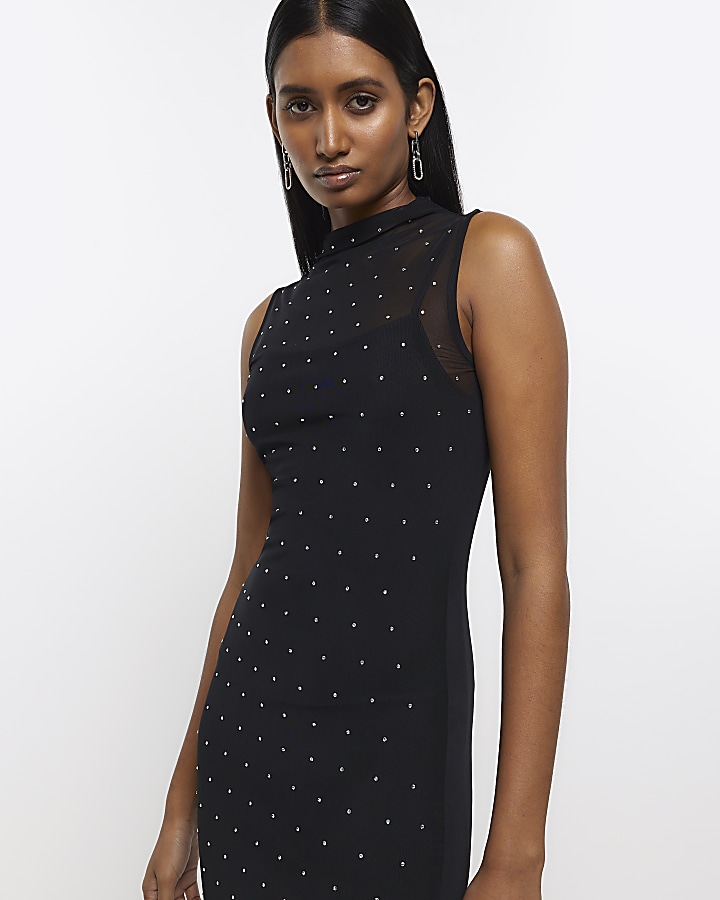 Black embellished mesh midi dress
