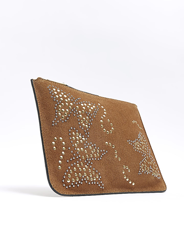 Brown suede studded butterfly pouchette
