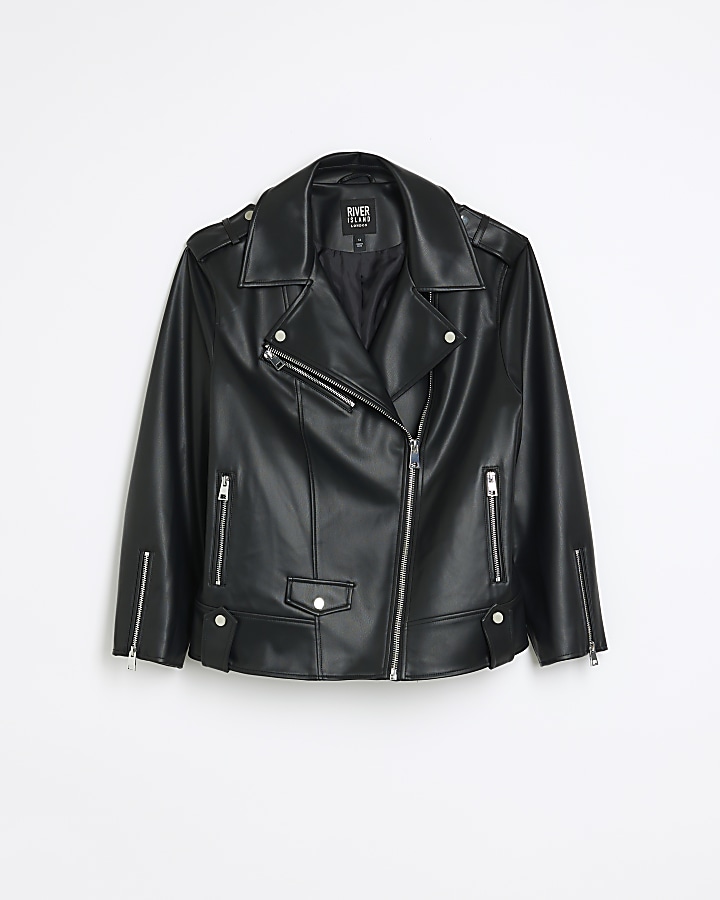 Petite black faux leather oversized jacket | River Island