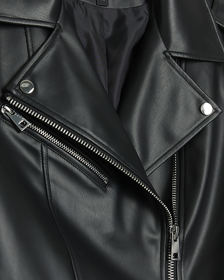 Petite black faux leather oversized jacket | River Island