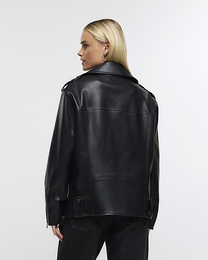 Petite black faux leather oversized jacket