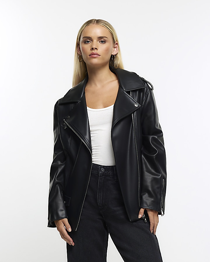 Petite black faux leather oversized jacket
