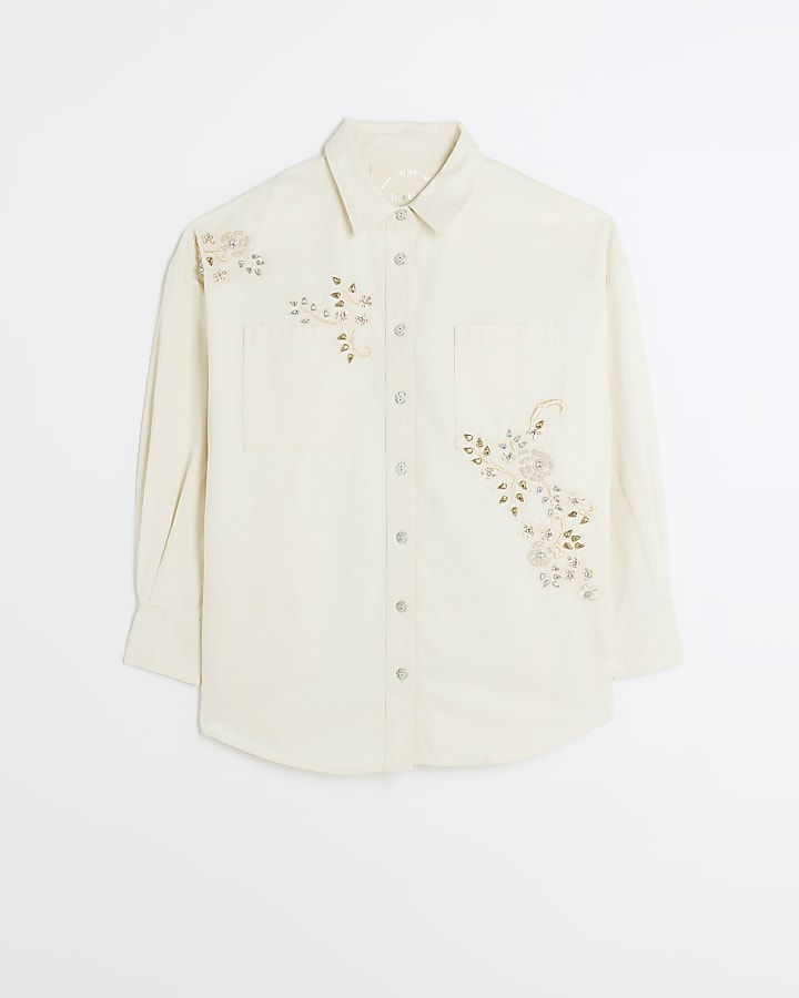 Cream embellished denim shirt | River Island