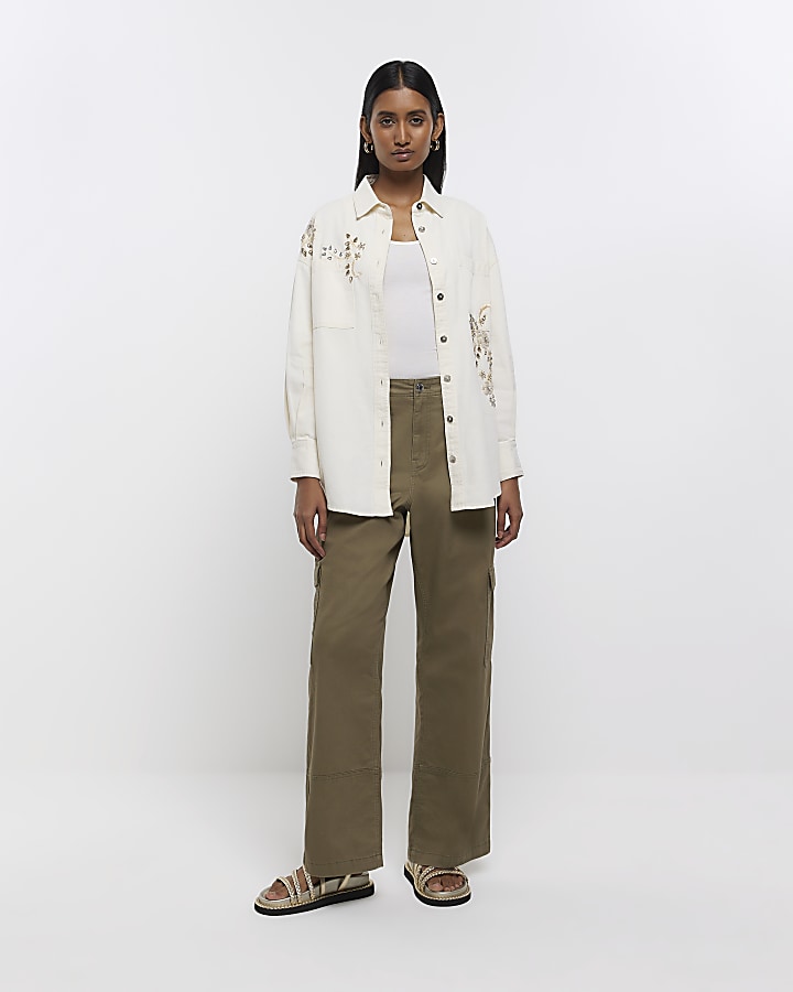 Cream embellished denim shirt | River Island