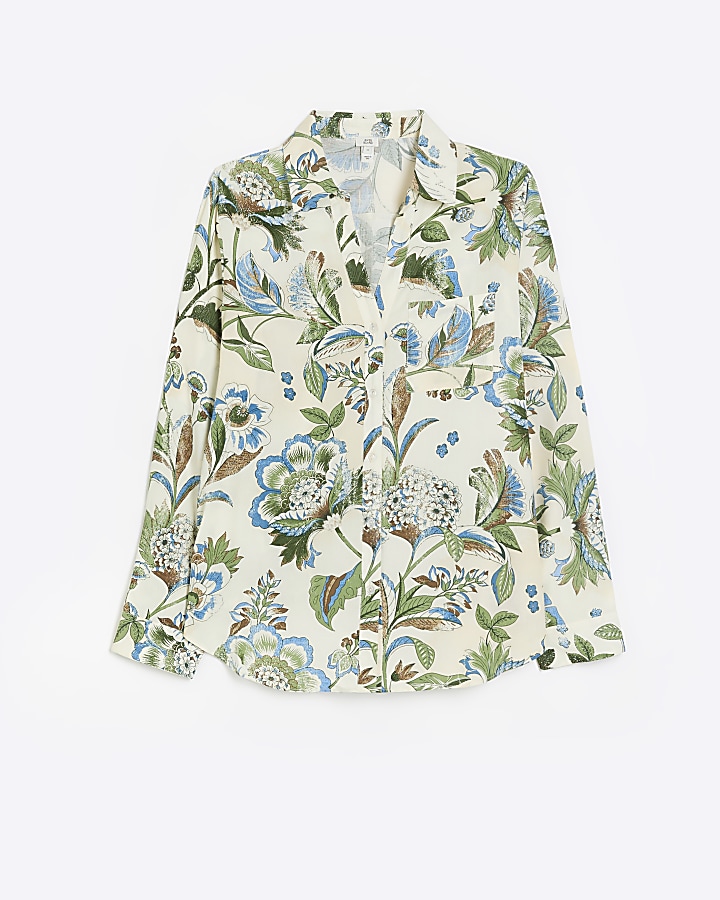Cream floral print open neck shirt