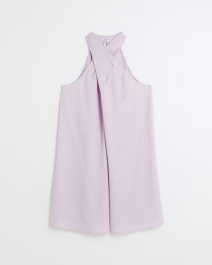 Purple satin halter neck mini dress
