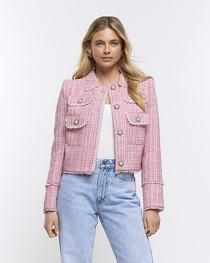 Pink boucle check blazer