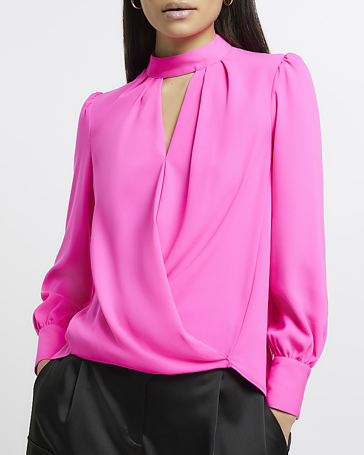 Pink cut out wrap blouse | River Island