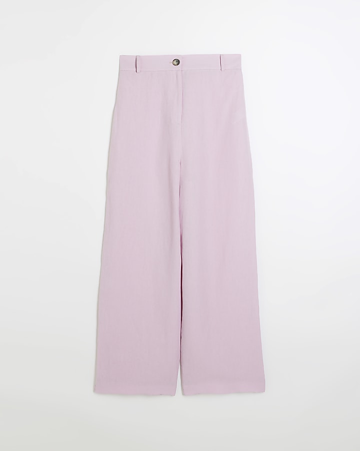 Purple linen blend pleated wide leg trousers
