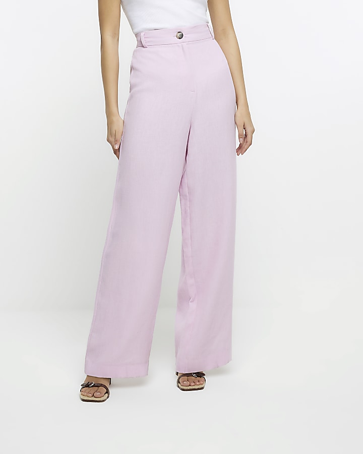 Purple linen blend pleated wide leg trousers