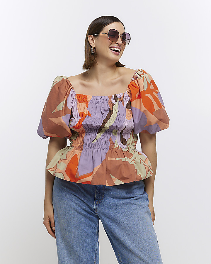 Plus orange print short sleeve top