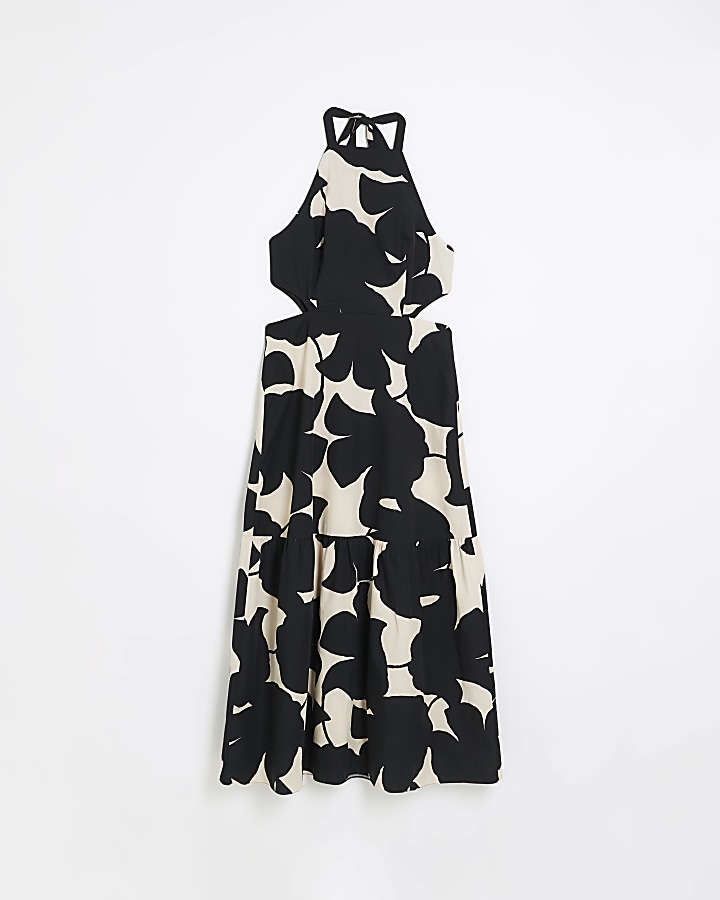 Black floral halter neck swing maxi dress