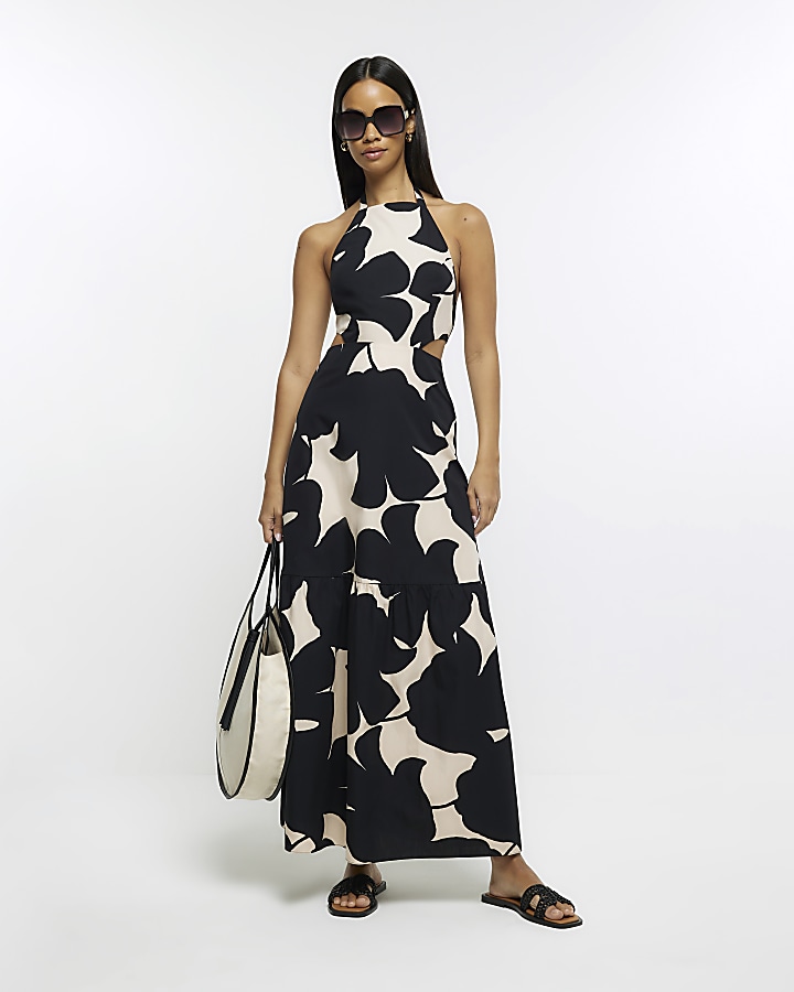 Black Floral Flocked Halter Strap Maxi Dress