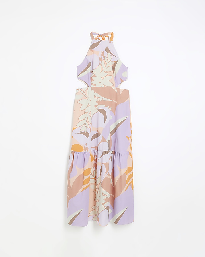 Purple print halter neck maxi dress