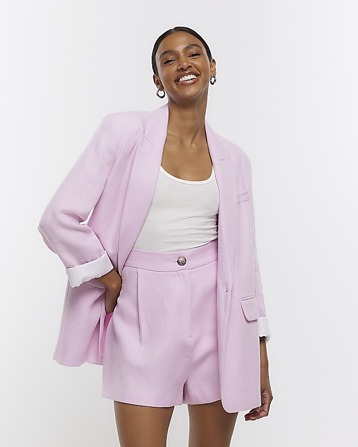 Purple linen blend rolled sleeve blazer