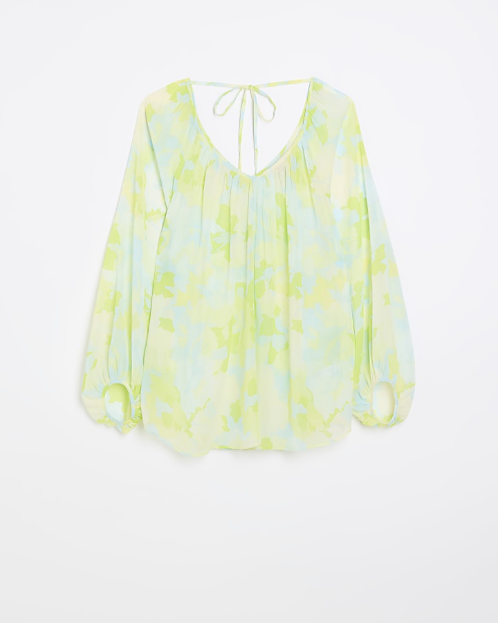 Green chiffon floral puff sleeve blouse