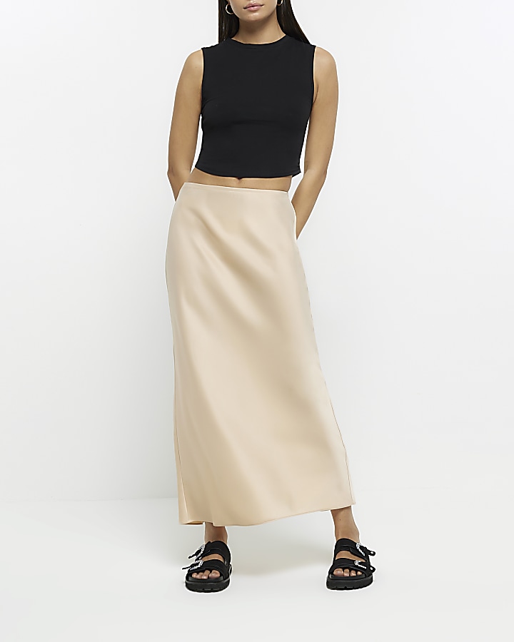 Beige satin cheap maxi skirt