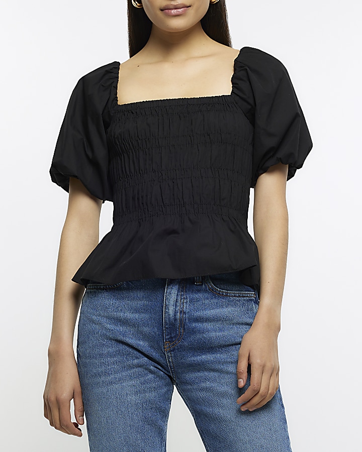 Black shirred sale bardot top