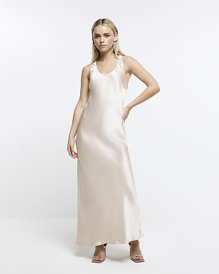 Petite beige maxi slip tank dress