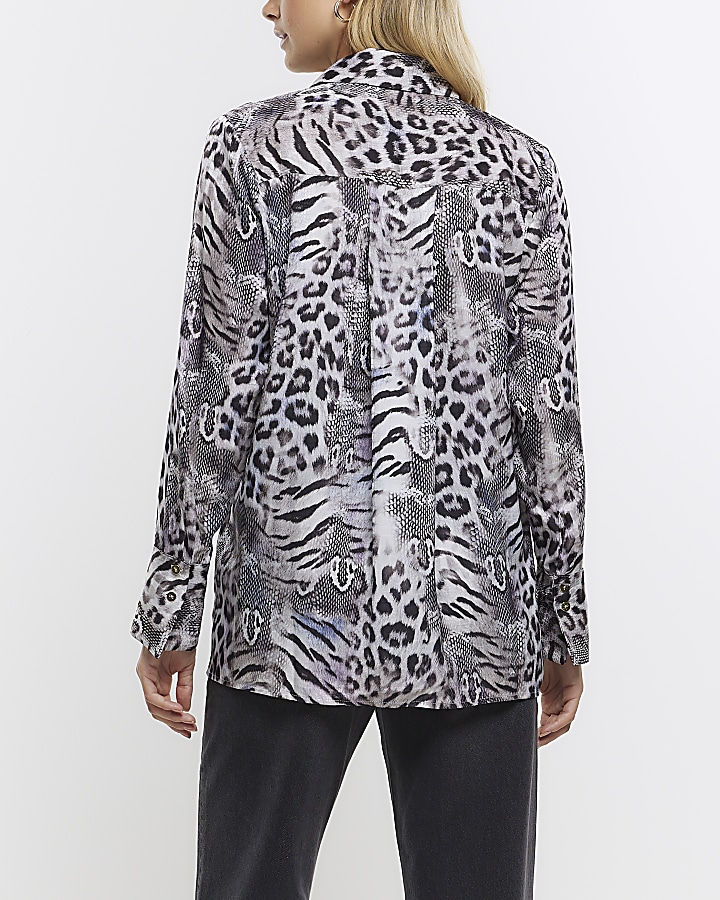 Grey satin animal print oversized shirt | River Island
