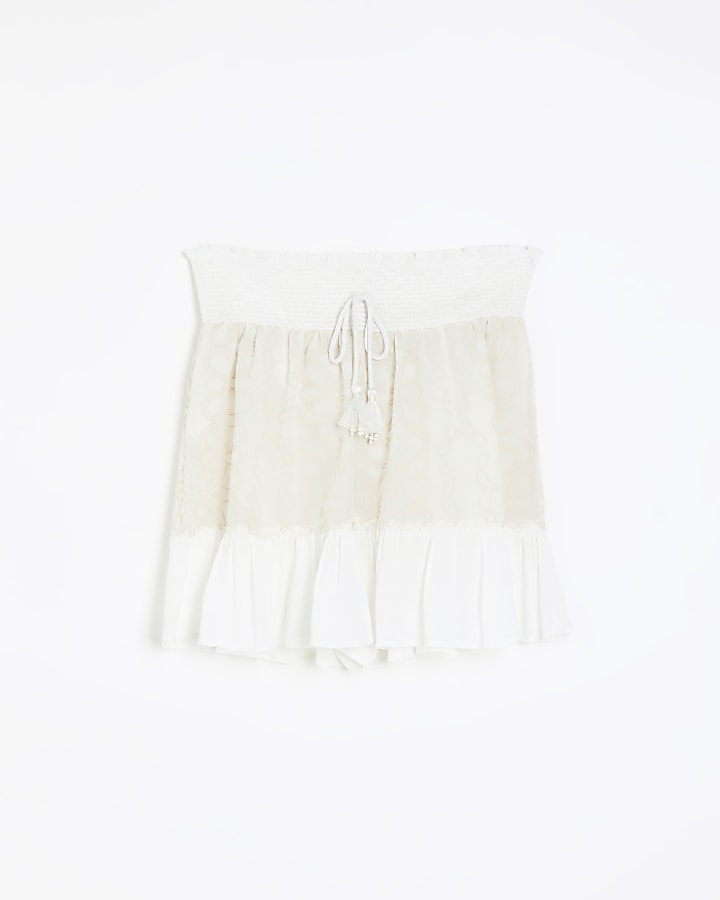 Cream shirred Embroidered beach shorts