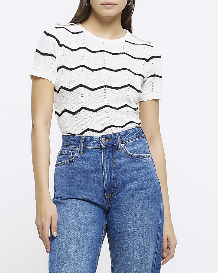 Cream Knitted Stripe T Shirt River Island