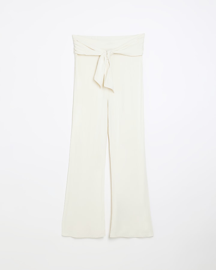 Cream tie waist wide leg trousers