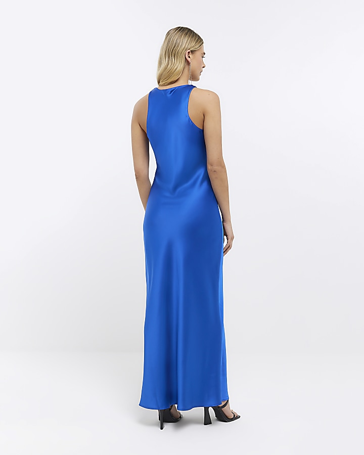 Blue satin maxi slip dress