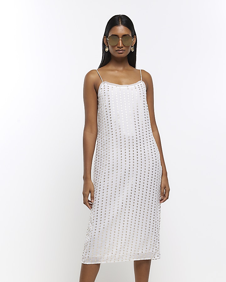 White sequin slip midi dress