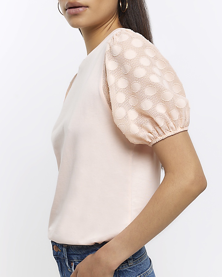 Coral woven sleeve t-shirt