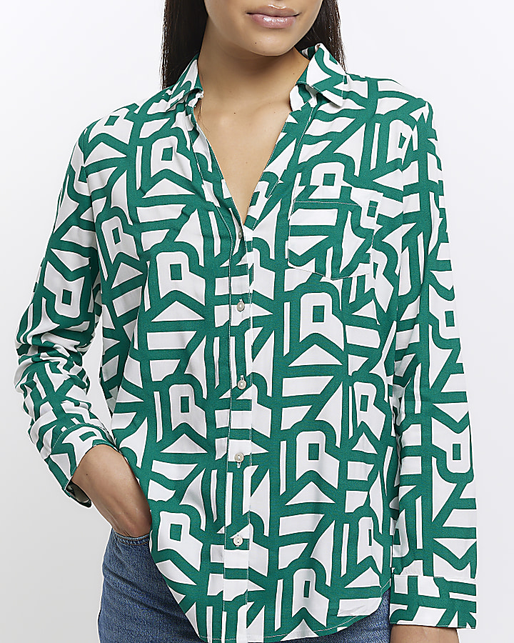 Green print open neck shirt
