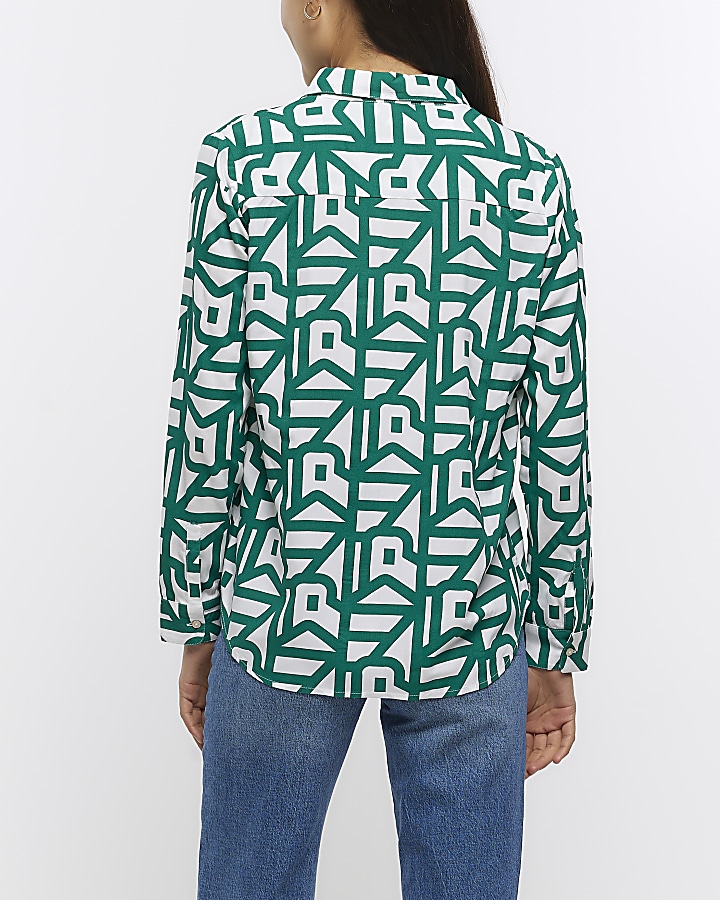 Green print open neck shirt