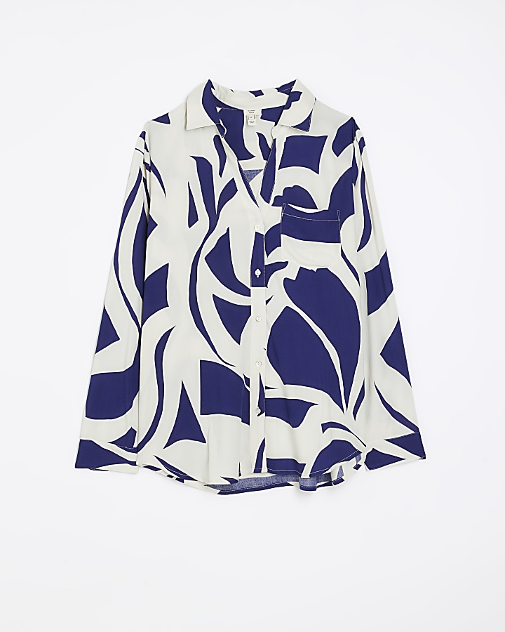 Blue abstract print open neck shirt