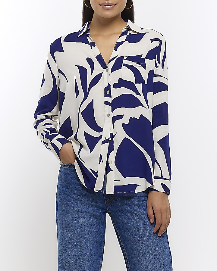 Blue abstract print open neck shirt