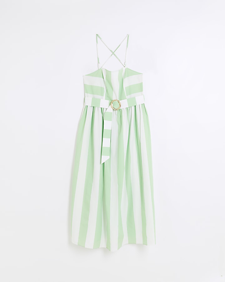 Green stripe belted swing midi dress