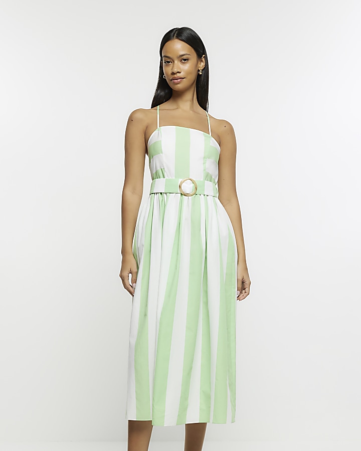 Green stripe belted swing midi dress