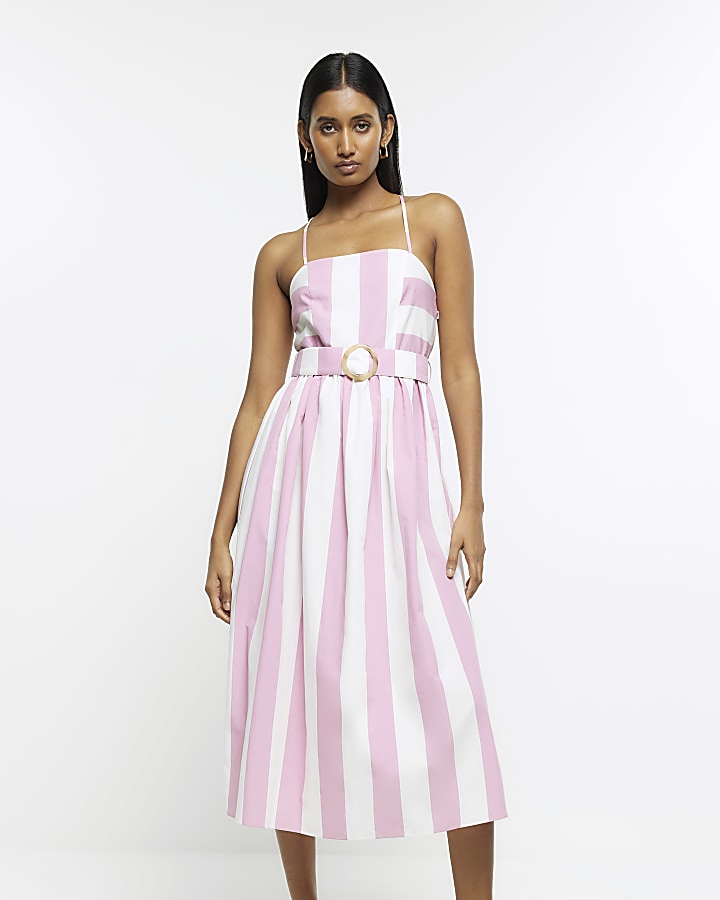 Pink and white midi cheap dress