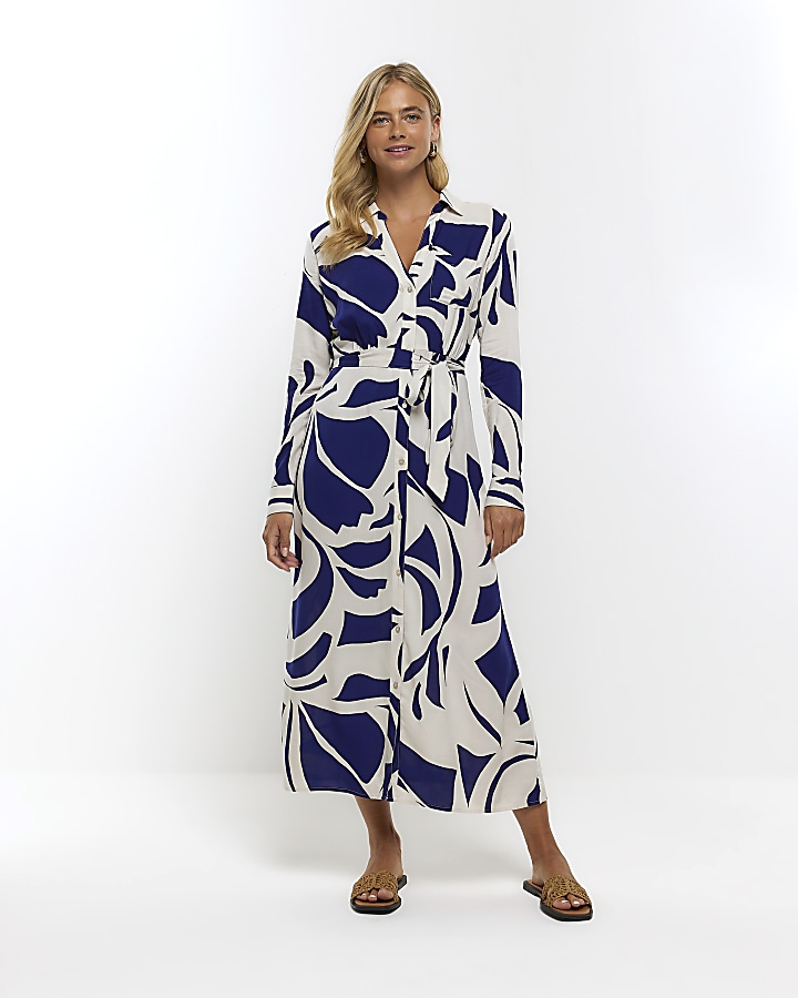 Blue abstract tie waist midi shirt dress | River Island