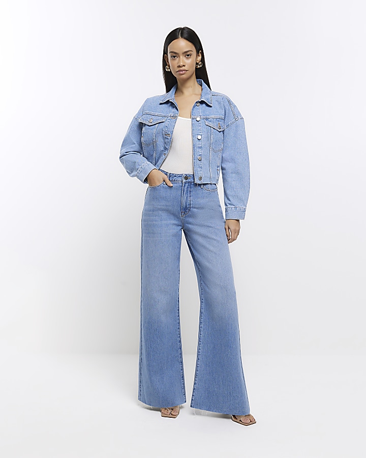 Blue mid rise wide leg jeans