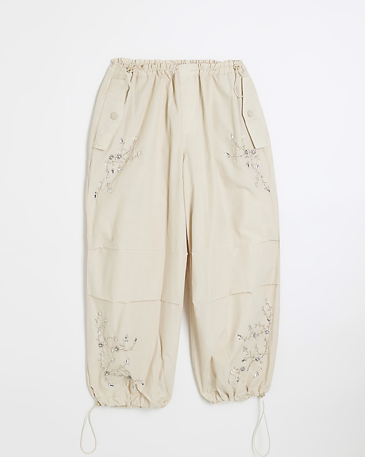 Petite beige embroidered cargo trousers