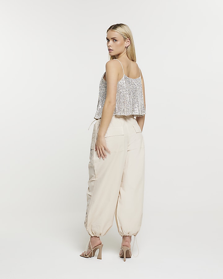 Petite beige embroidered cargo trousers