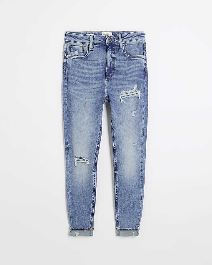 Blue ripped high waisted skinny jeans | River Island