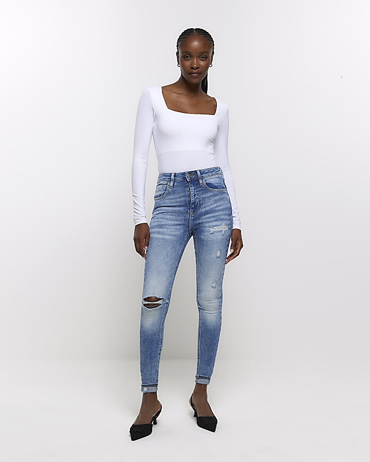 High waisted ripped sales skinny jeans blue